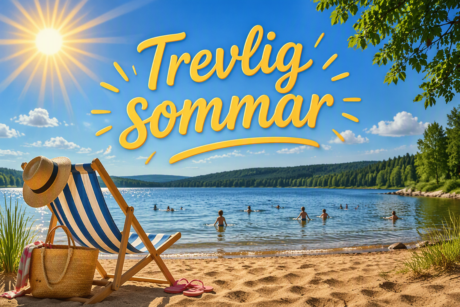 Solstol på en sandstrand men badande människor, solen skiner och en text som säger Trevlig sommar